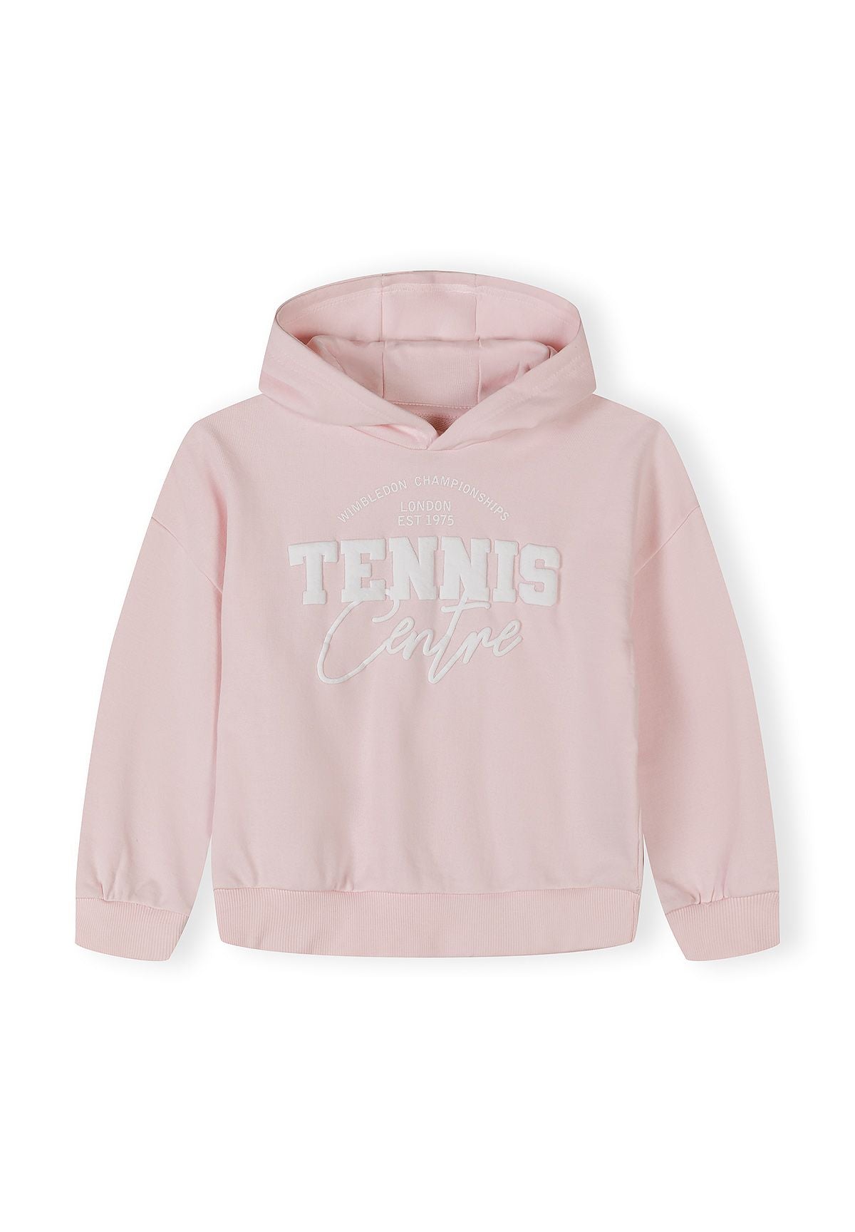 Girls hooded sweatshirt in light pink with 'TENNIS Centre' print, front view.
