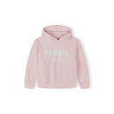 Light pink hooded sweatshirt with Tennis Camps white print, flat lay product shot on white background