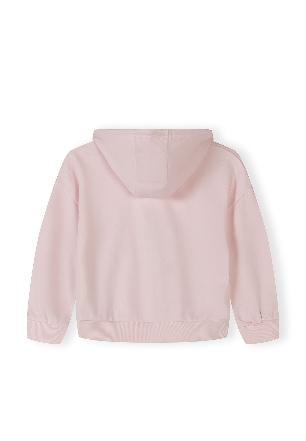 Light pink hooded sweatshirt back view with elasticated cuffs.