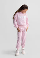 Girls light pink tracksuit with hooded sweatshirt and joggers, featuring elasticated cuffs and waistband.