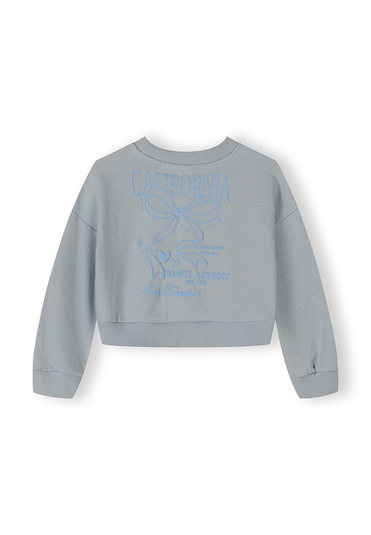 Light blue cropped sweatshirt with California graphic and long sleeves, back view.