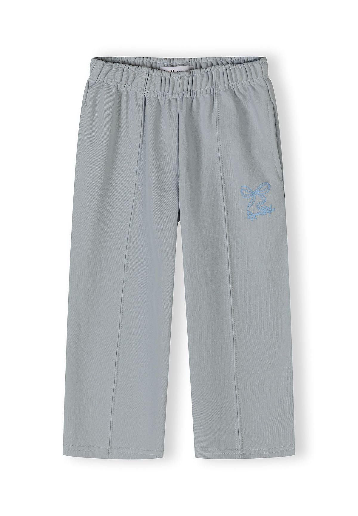 Light blue wide-leg trousers with an adjustable waistband and logo detail.