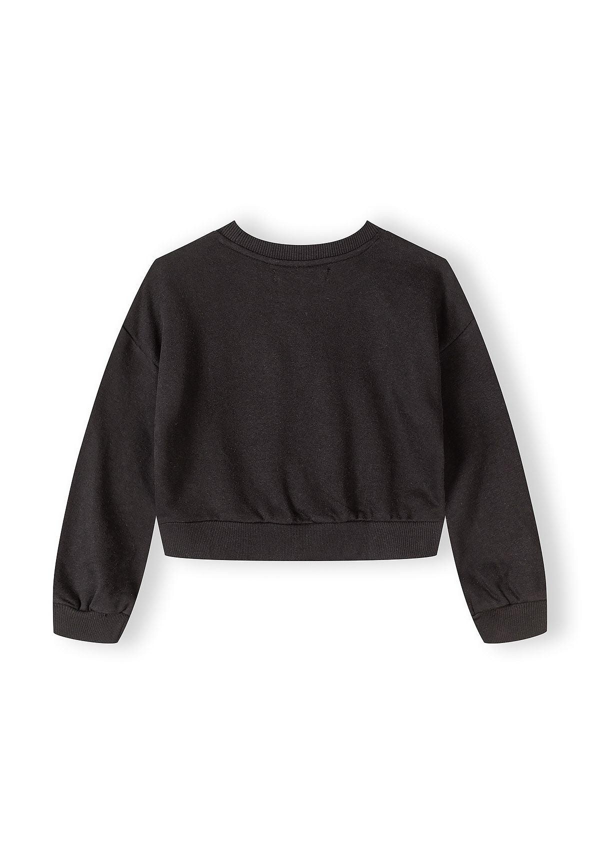 Back view of a black girls' jogging suit jacket with a crew neckline and long sleeves.