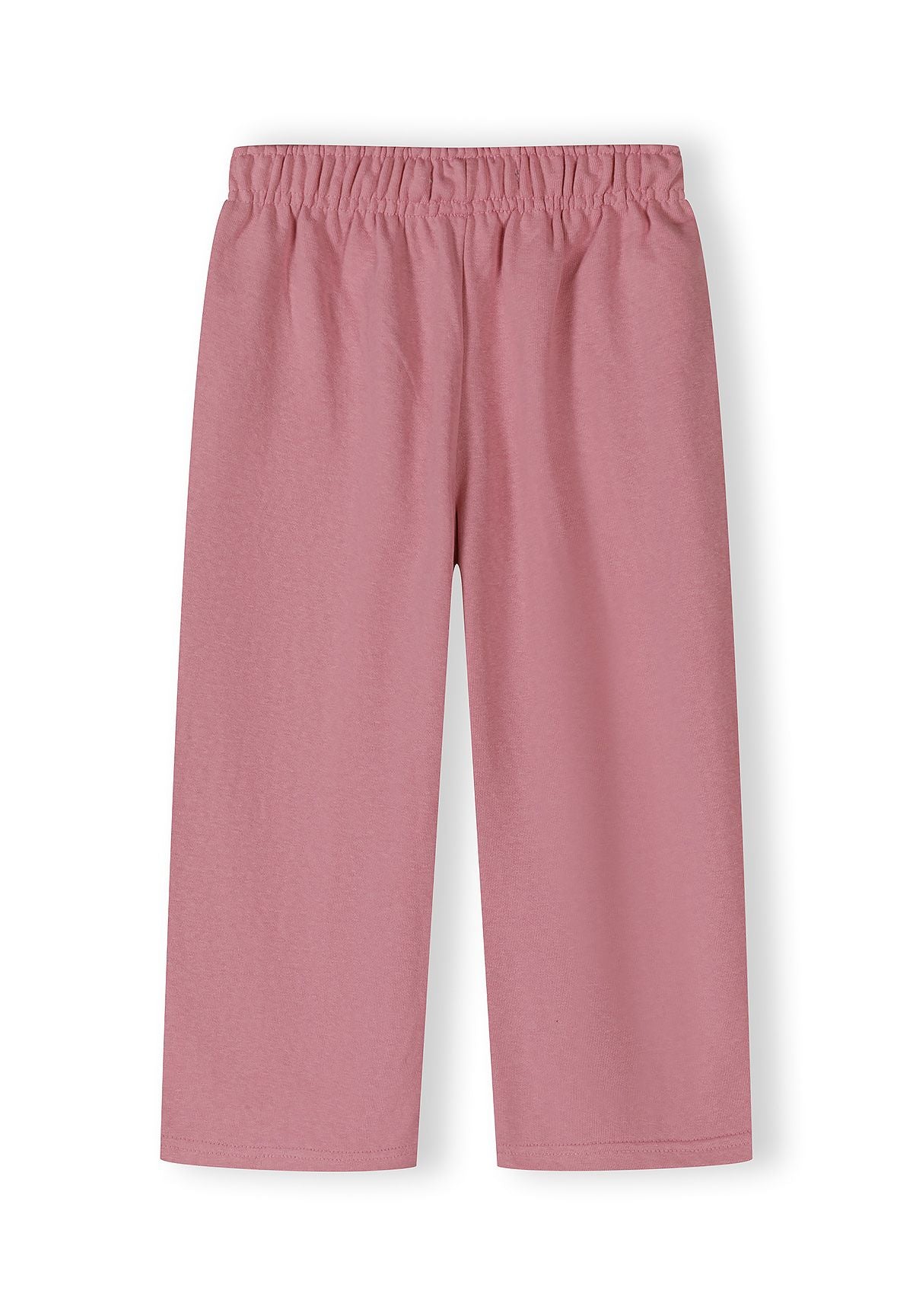 Girls pink wide-leg trousers with elastic waistband and ribbed cuffs, front view.
