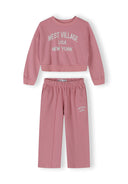 Girls pink wide-leg jogging suit with cropped sweatshirt and elastic waistband trousers.