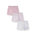 Three girls shorts laid flat showing pink, floral print and white styles with elastic waistbands and palm tree embroidery on white background