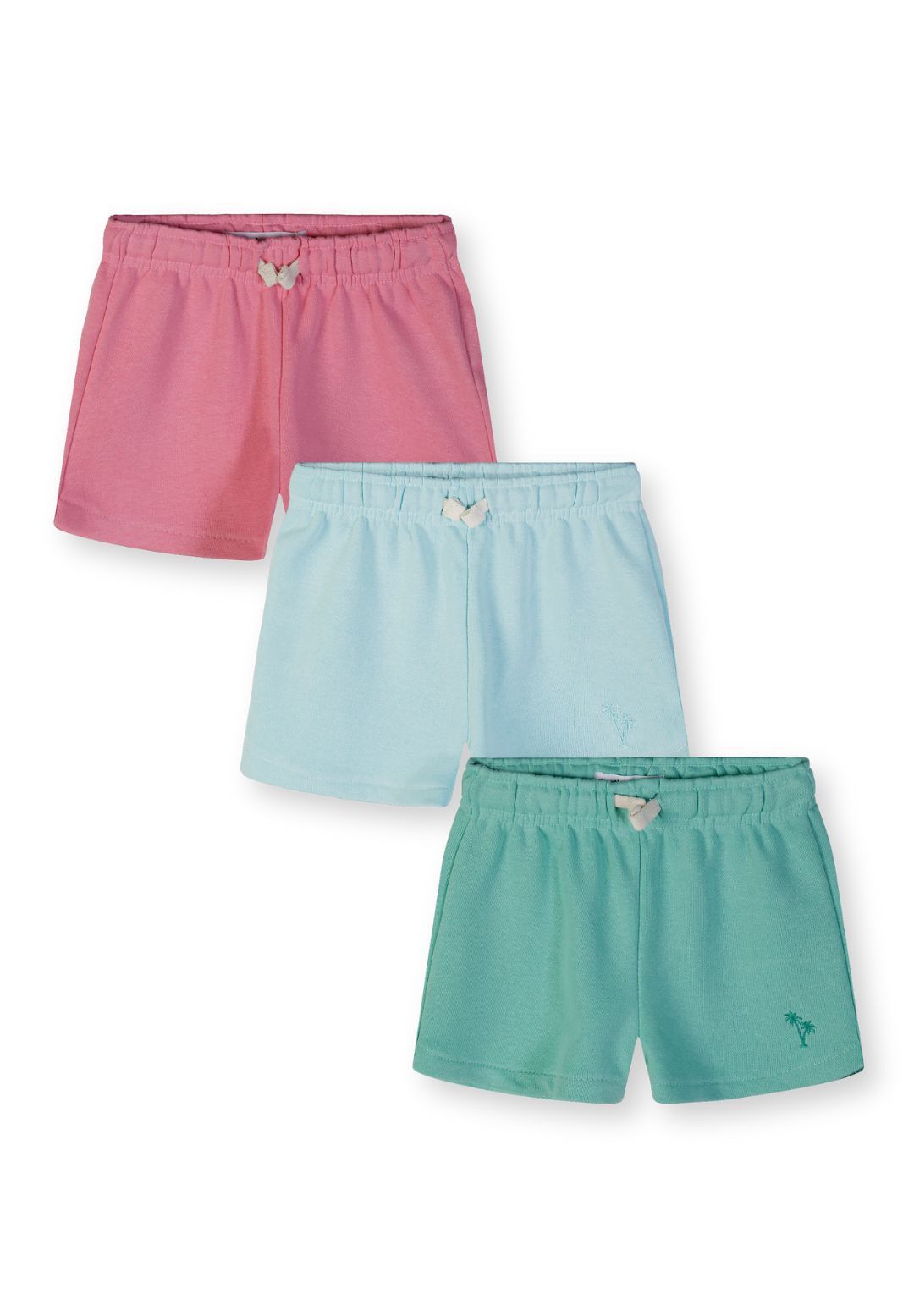 3-pack of girls' shorts in pink, blue, and green with elasticated waistbands and embroidery, front view.