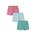 Three cotton blend shorts laid flat showing pink, powder blue and mint green colours with embroidered details on white background