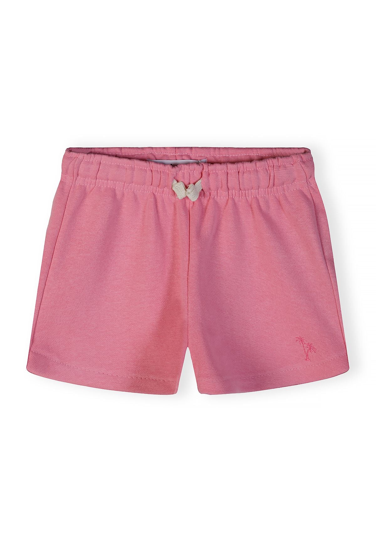 Detail of pink girls' shorts with elasticated waistband and embroidered palm tree.