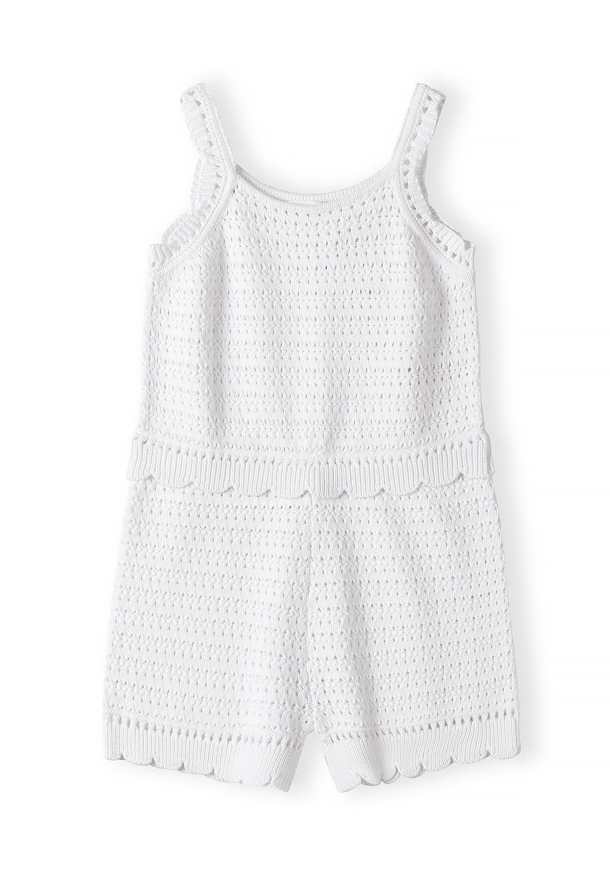 Pointelle Knit Romper, White, Scalloped Hem - 2