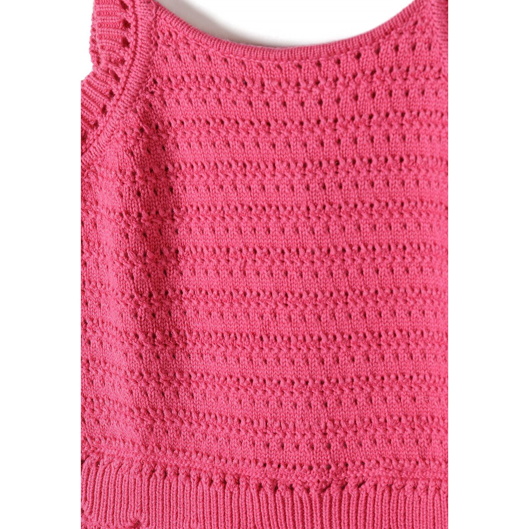 Close-up detail of pink crochet fabric showing intricate lacework pattern with openwork stitches and textured knit construction