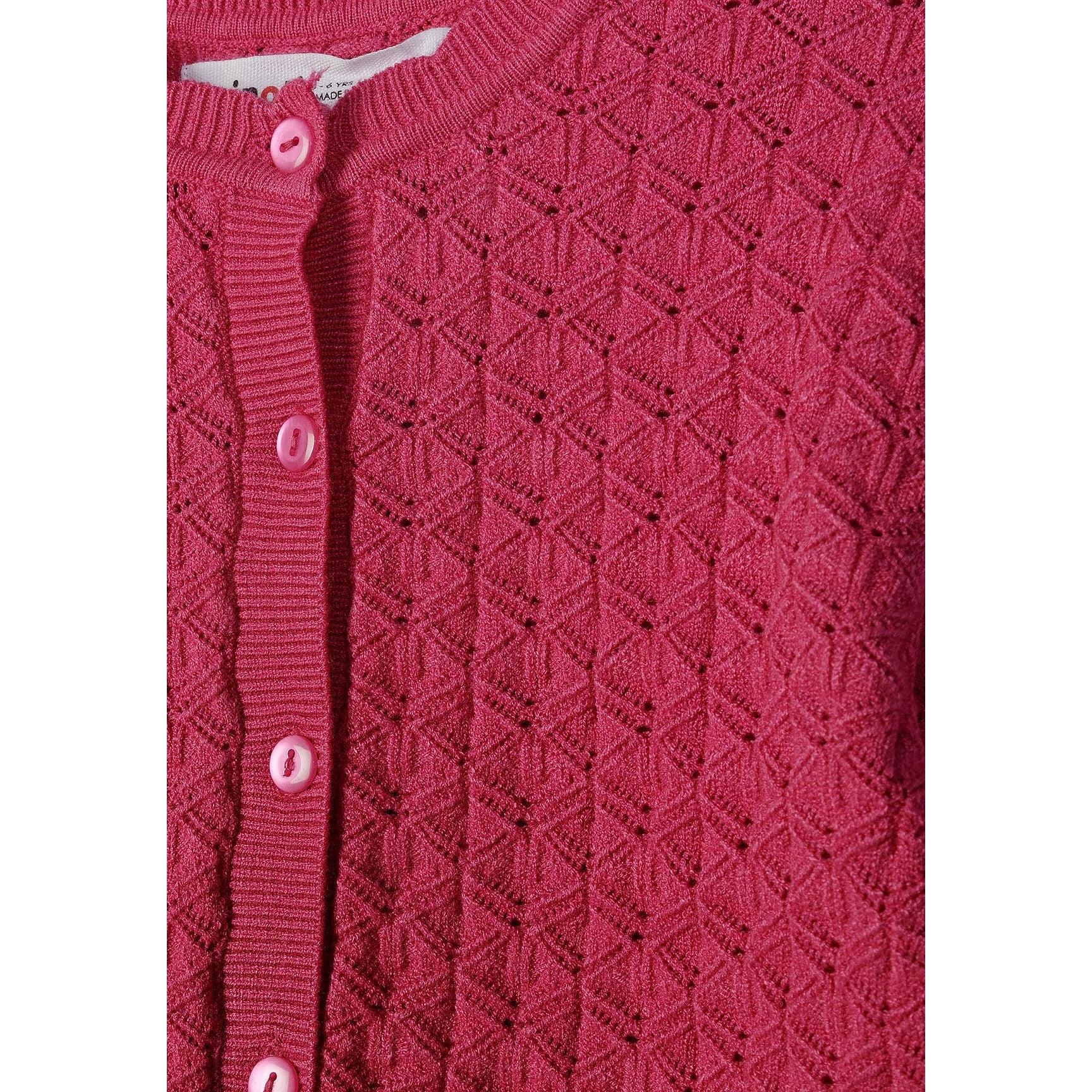 Close-up detail of pink cardigan showing diamond openwork knit texture, button placket with matching pink buttons