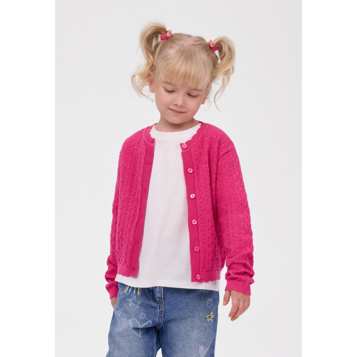 Girls' pointelle cardigan in pink — complete product view for square Shop card