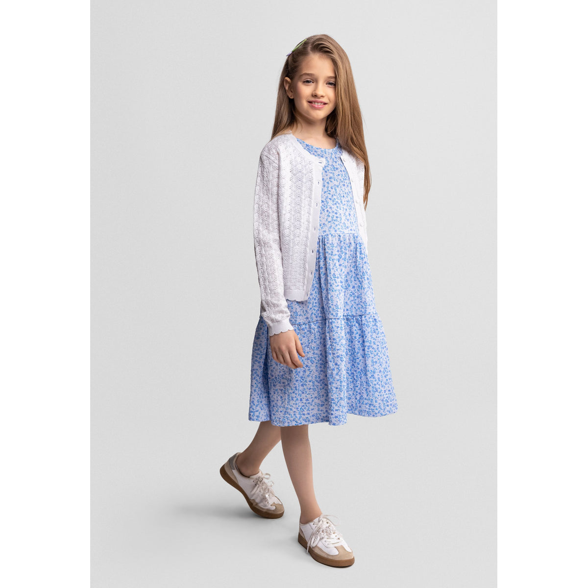 Girls' pointelle cardigan in white — complete product view for square Shop card