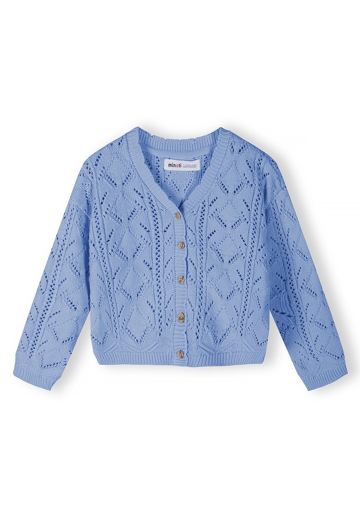 Light blue pointelle cardigan, front.
