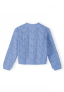 Light blue girls' cardigan, back view, featuring a pointelle knit pattern and ribbed cuffs.