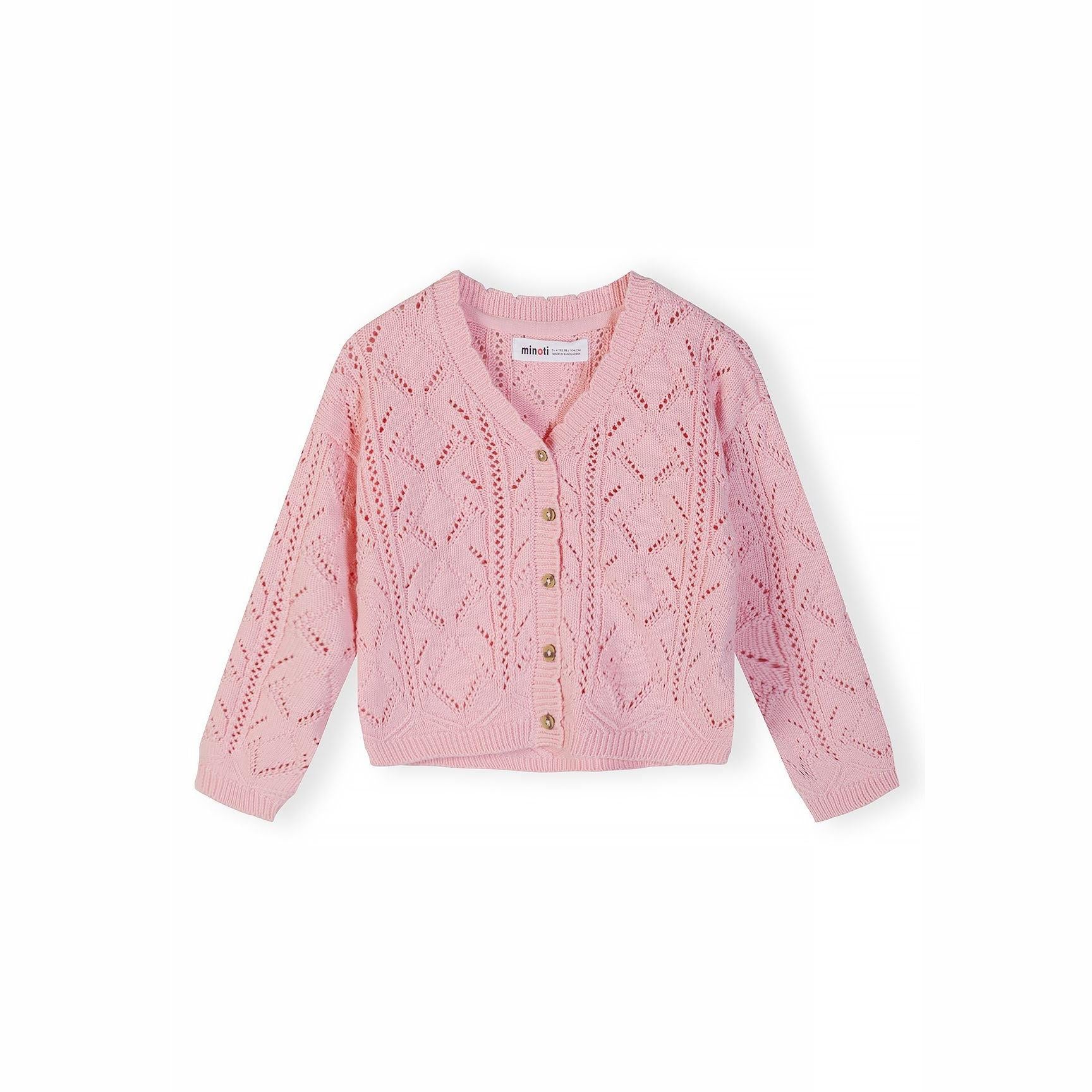 Light pink cotton pointelle cardigan laid flat on white background showing intricate lacework pattern and button-front closure