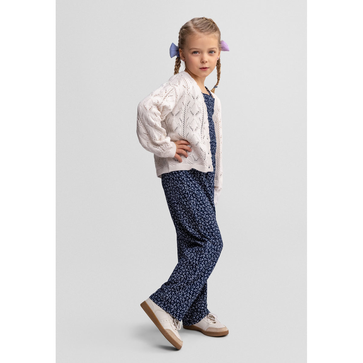 Girls' pointelle cardigan in off-white — complete product view for square Shop card