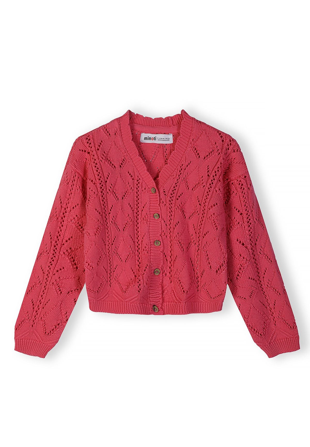 Dark pink pointelle cardigan, front.