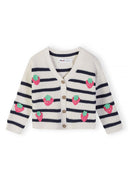 Girls white and navy striped cardigan with embroidered strawberries, front view.
