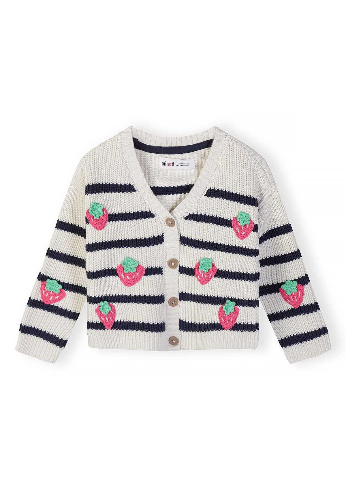 Front of ivory and navy striped cardigan with raised pink strawberry motifs.