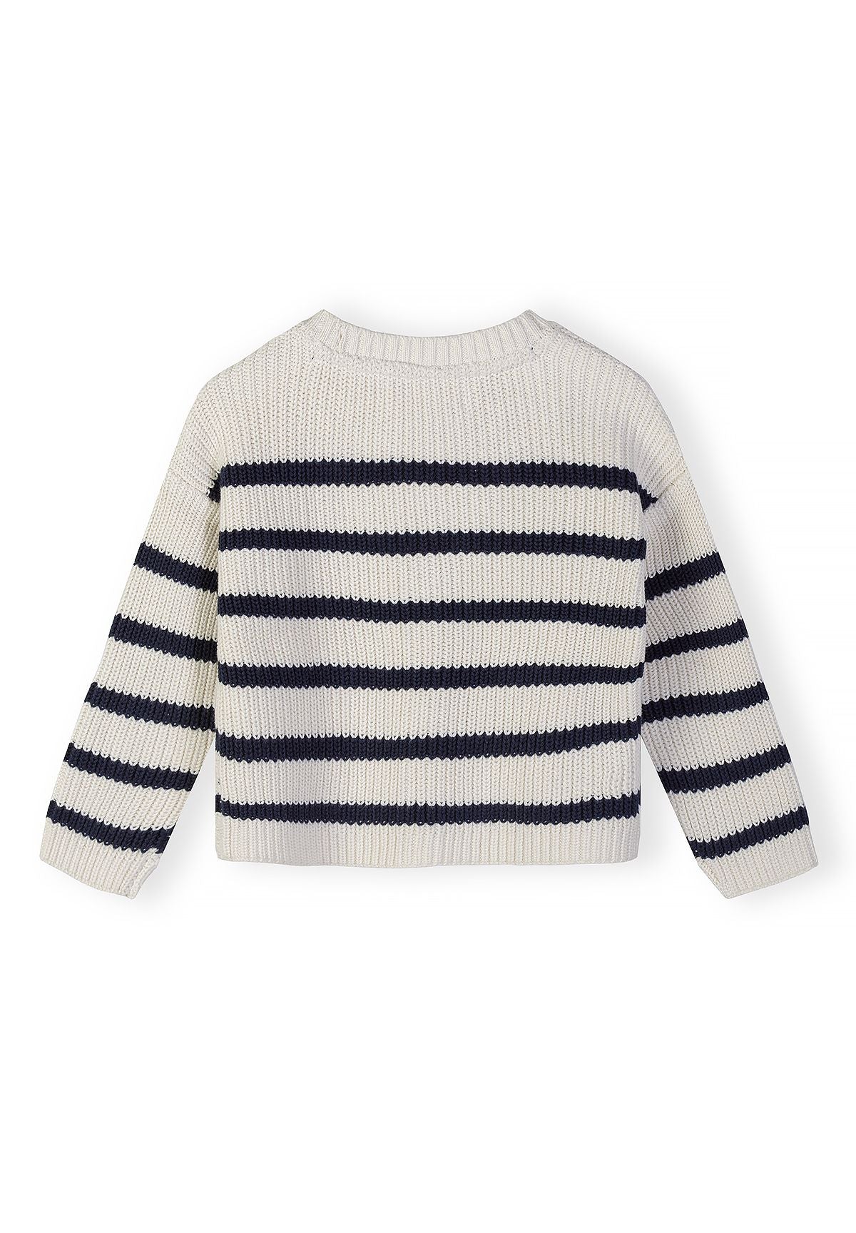 Back of ivory cardigan with navy stripes across body and sleeves.