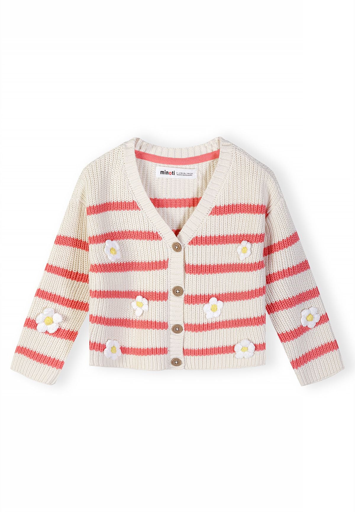 Front of coral striped V-neck cardigan with raised white daisies.