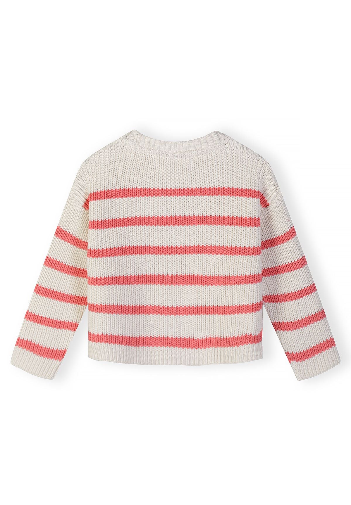 Back of ivory cardigan with coral stripes across body and long sleeves.