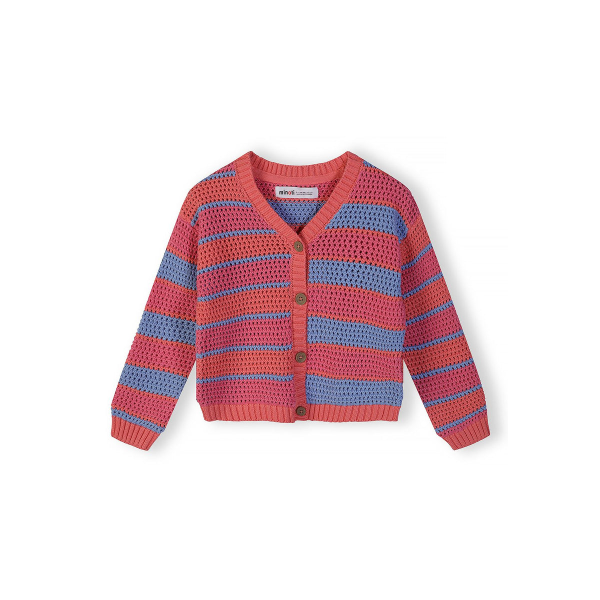 Girls' open-knit striped cardigan in coral and blue — complete product view for square Shop card