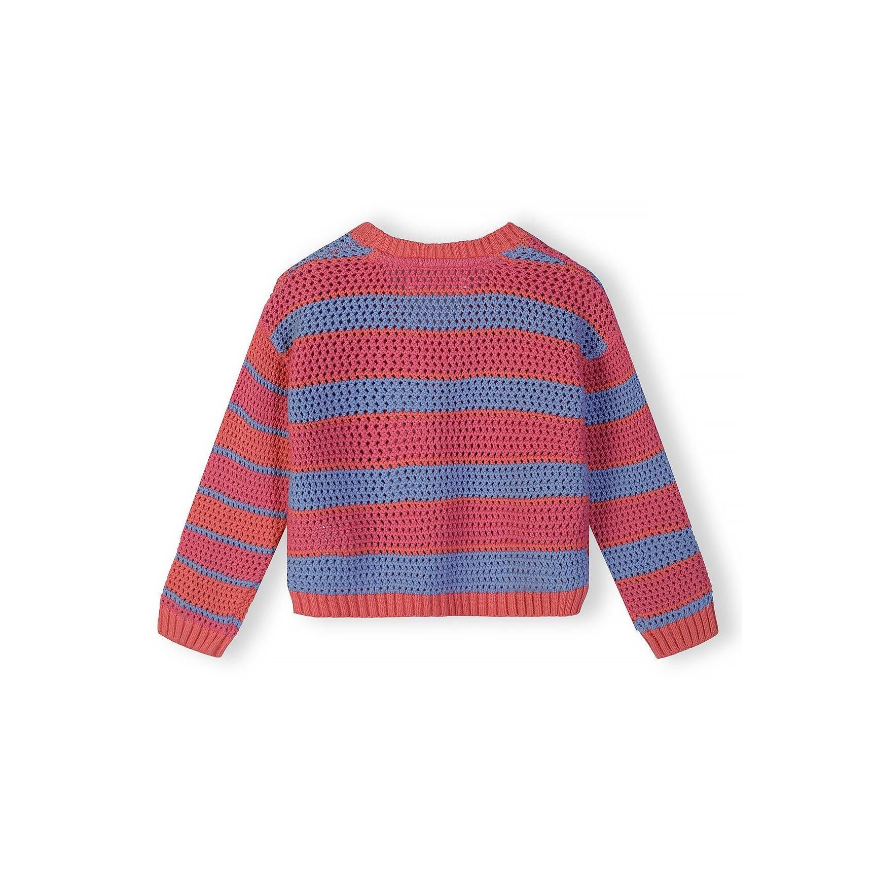 Back view of striped cotton cardigan showing mesh knit texture and ribbed hem on white background