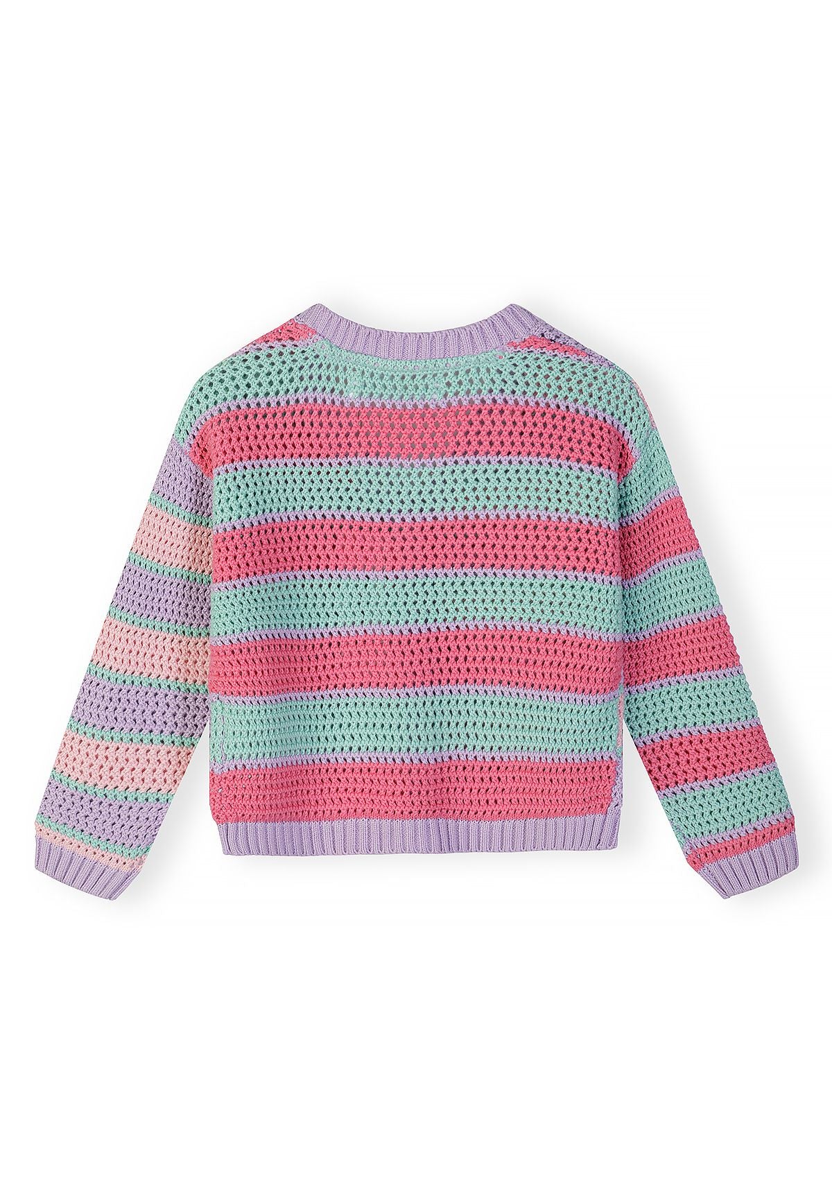 Back of mint and pink striped open-knit cardigan with lilac trim.