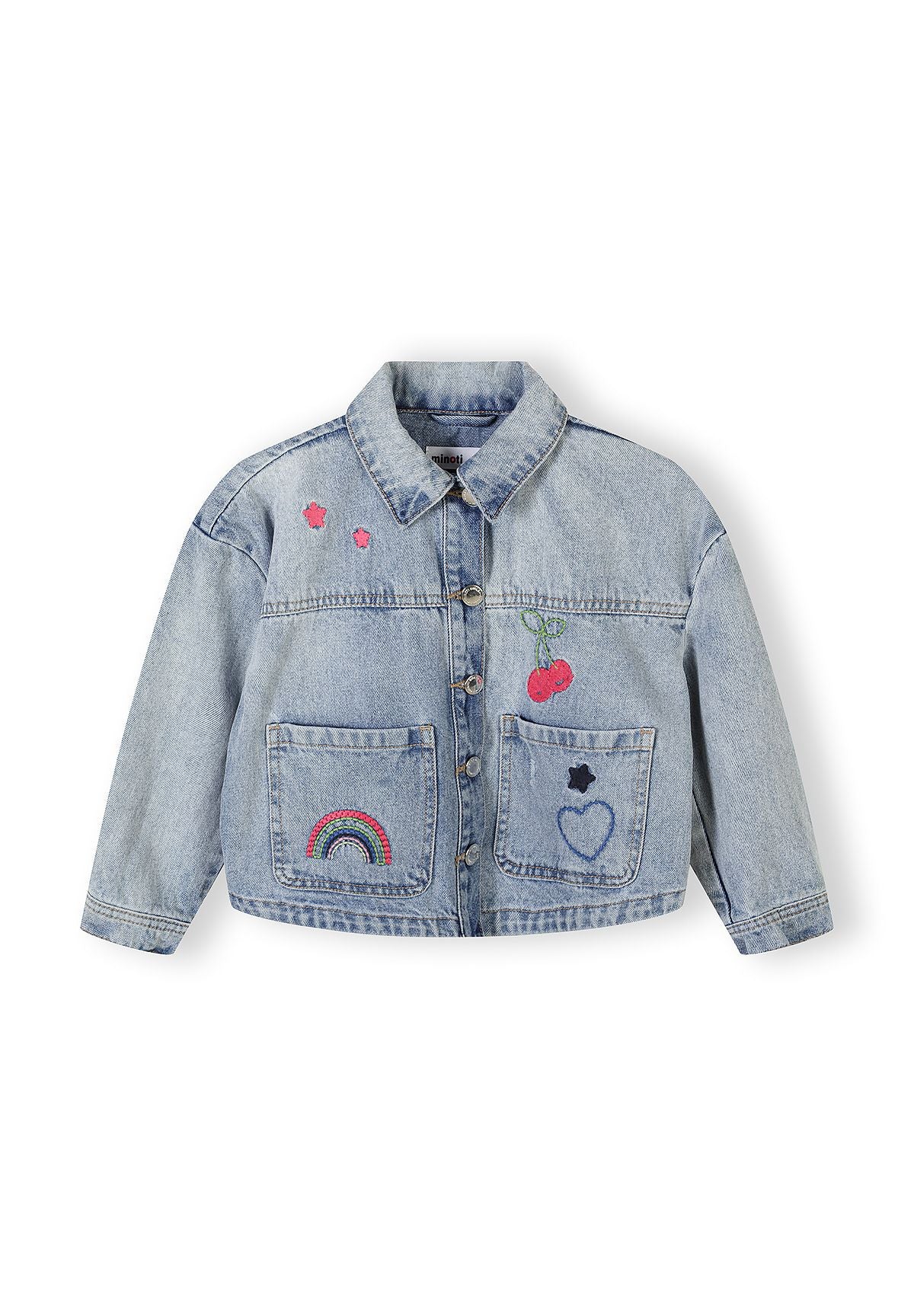 Back view of light blue denim jacket laid flat showing classic collar, button closure and overall construction details on white background