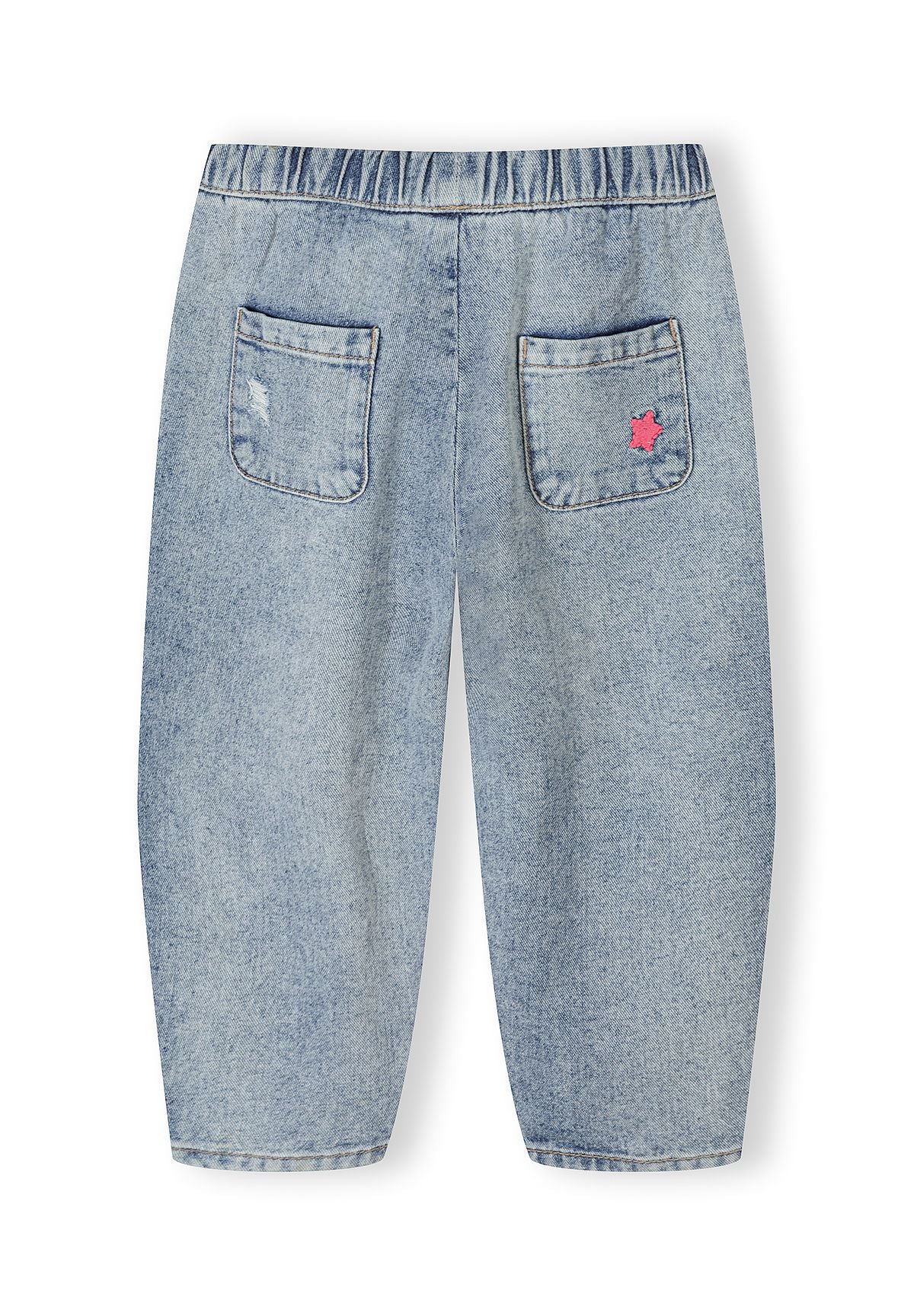 Girls barrel shape jeans in blue denim, back view with embroidered detail.