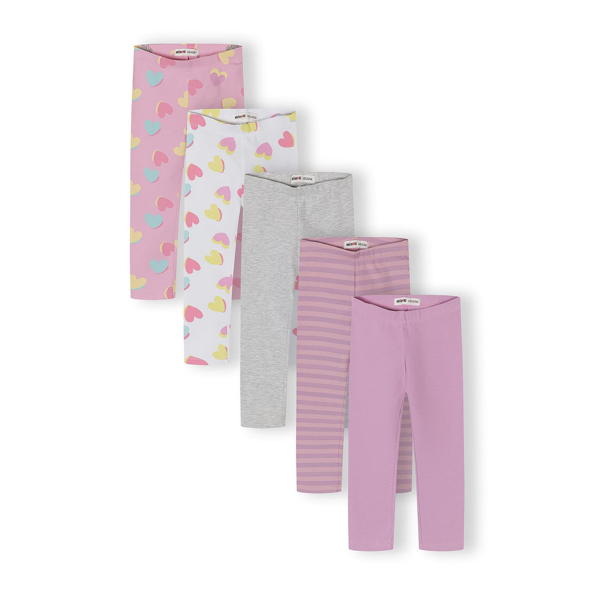 Girls' leggings 5-pack in pink, white, grey and lilac — complete product view for square Shop card