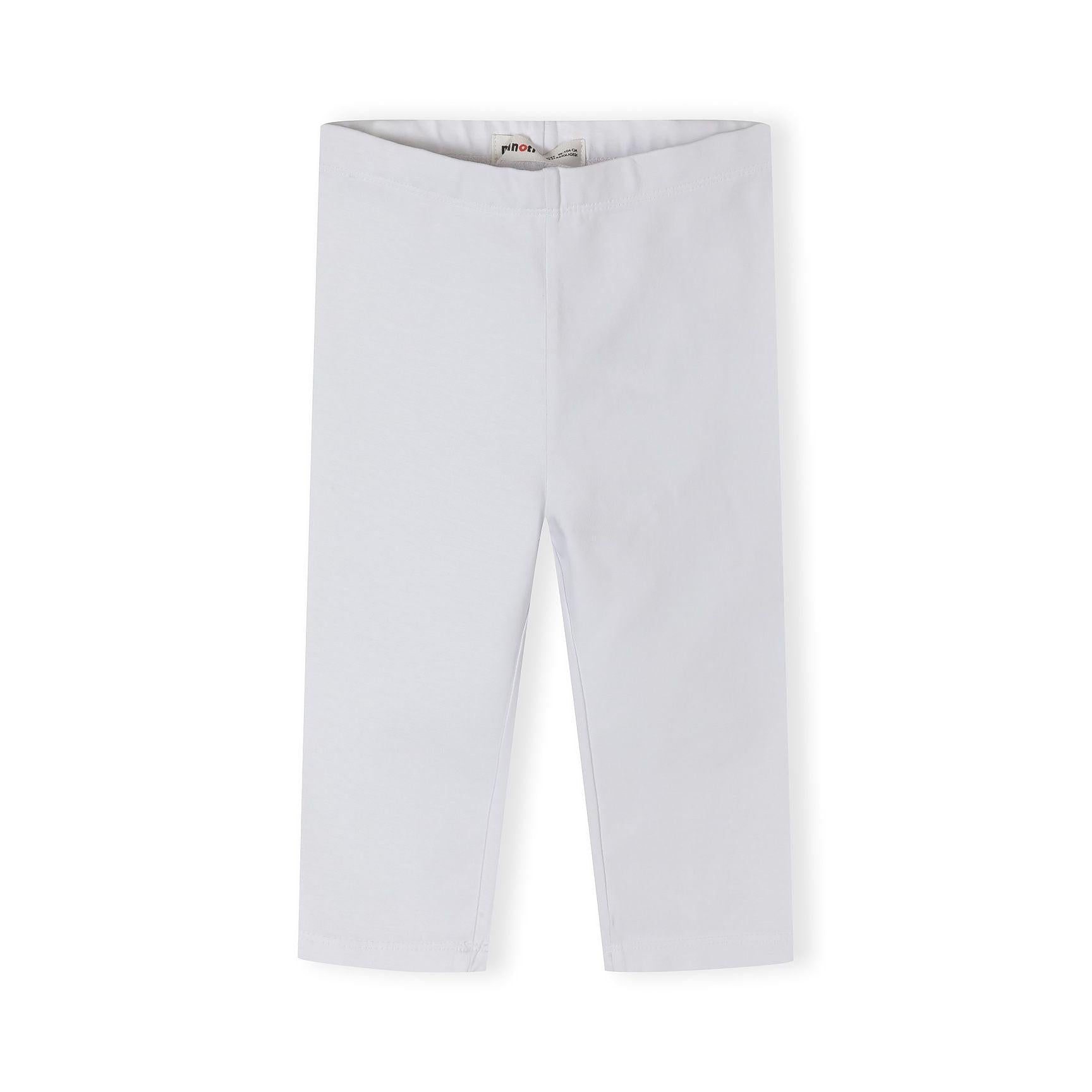 Single pink capri leggings laid flat showing full length and Minoti label at waistband against white background