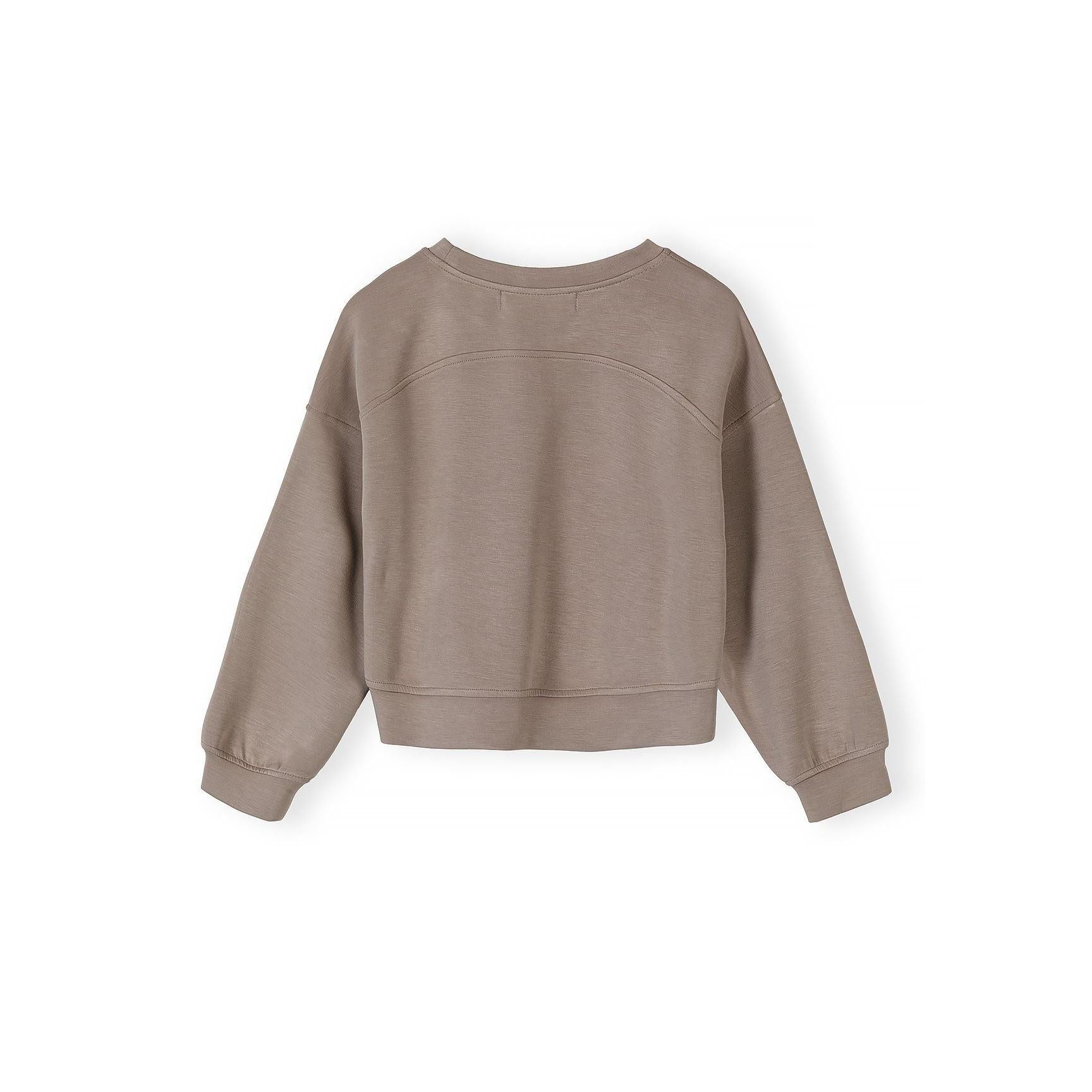 Back view of brown sweatshirt showing relaxed fit and ribbed hem detail on white background