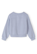Back view of a blue girls sweatshirt with long sleeves and crew neck, featuring a simple, clean design.