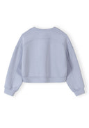 Back view of a girls light blue sweatshirt with ribbed cuffs and a crew neck, showcasing its clean design and soft fabric.