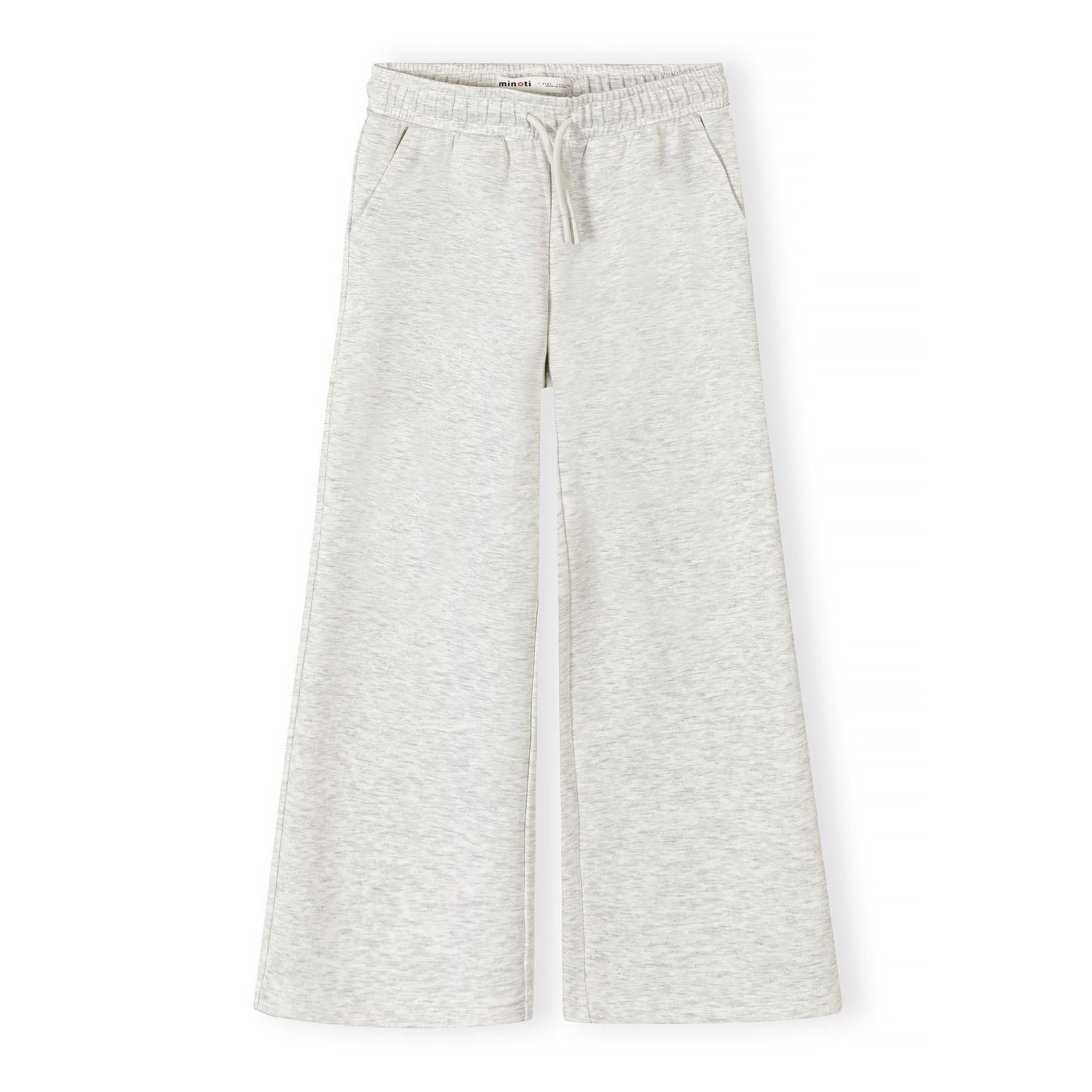 Flat lay view of mottled grey wide leg joggers showing full length and relaxed silhouette against white background