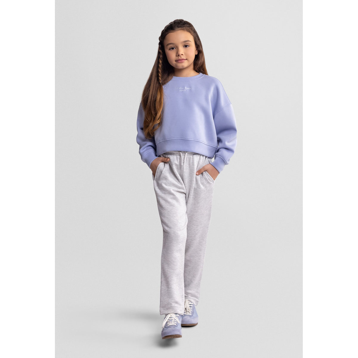 Girls' straight-leg drawstring trousers in light grey marl — complete product view for square Shop card