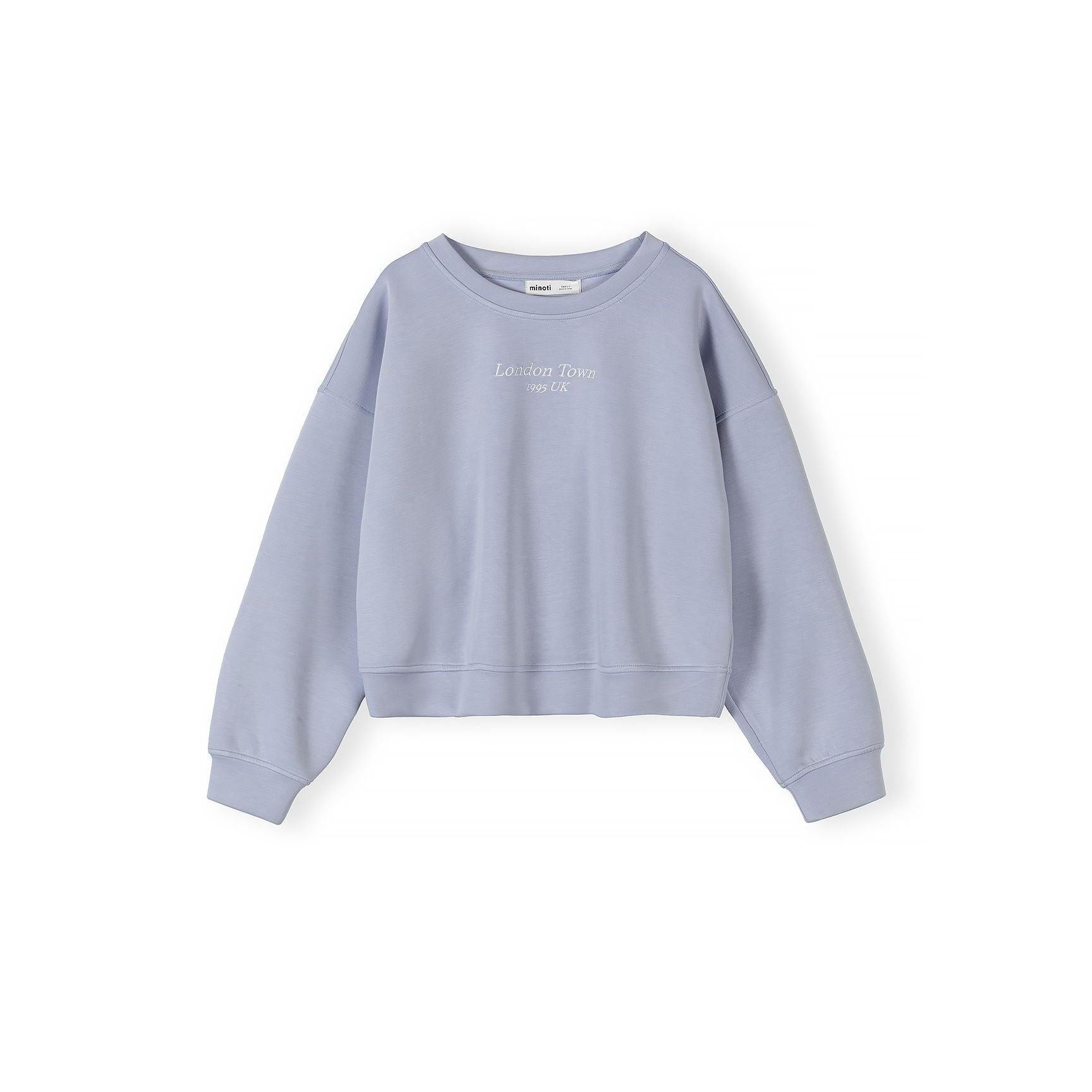Lavender sweatshirt with London Town embroidery on white background, front view showing cropped relaxed fit and ribbed cuffs