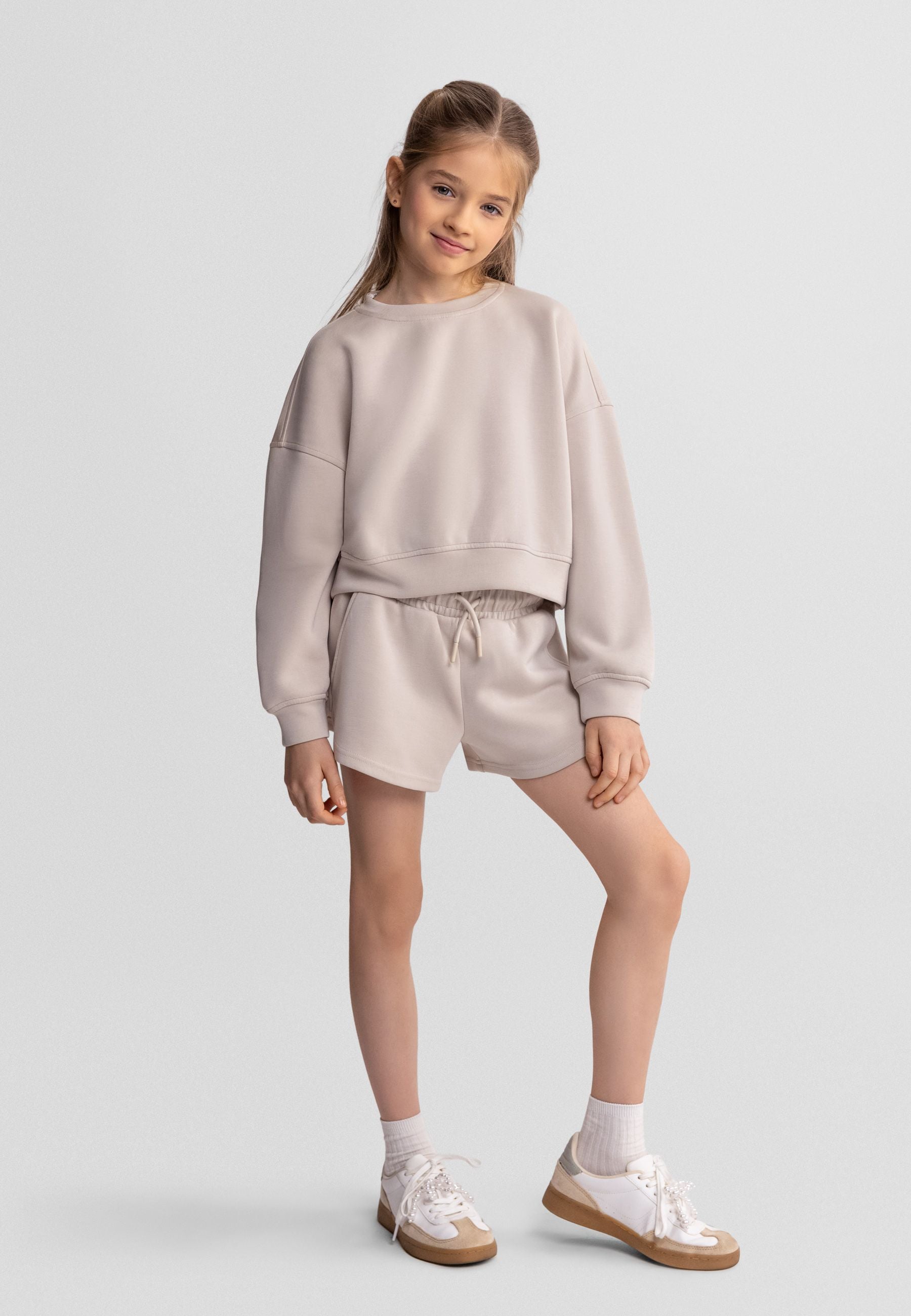 Sweatshirt and Shorts Set, Beige, Loungewear - 1