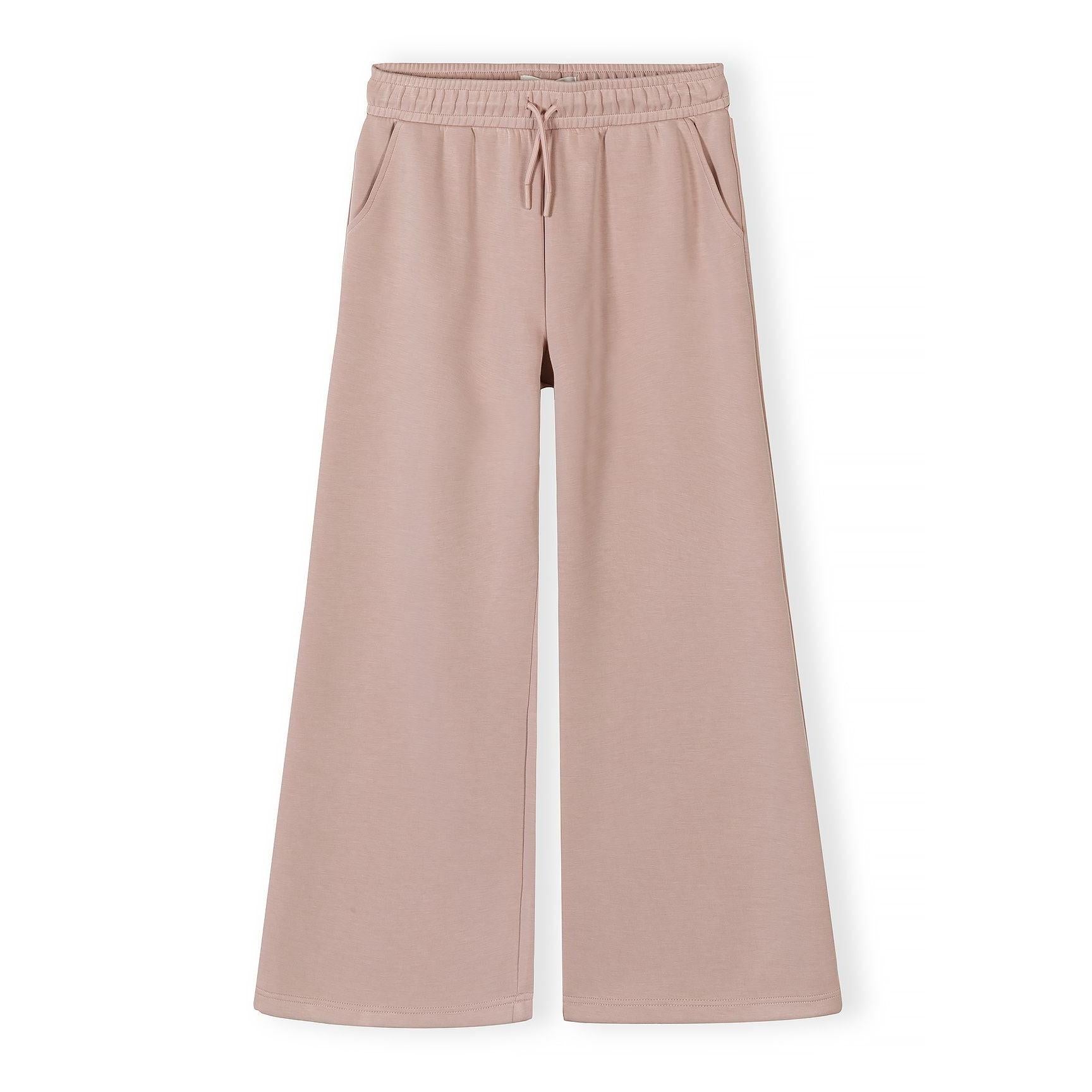 Pink wide leg joggers laid flat on white background showing full length relaxed silhouette with elasticated waist and side pockets