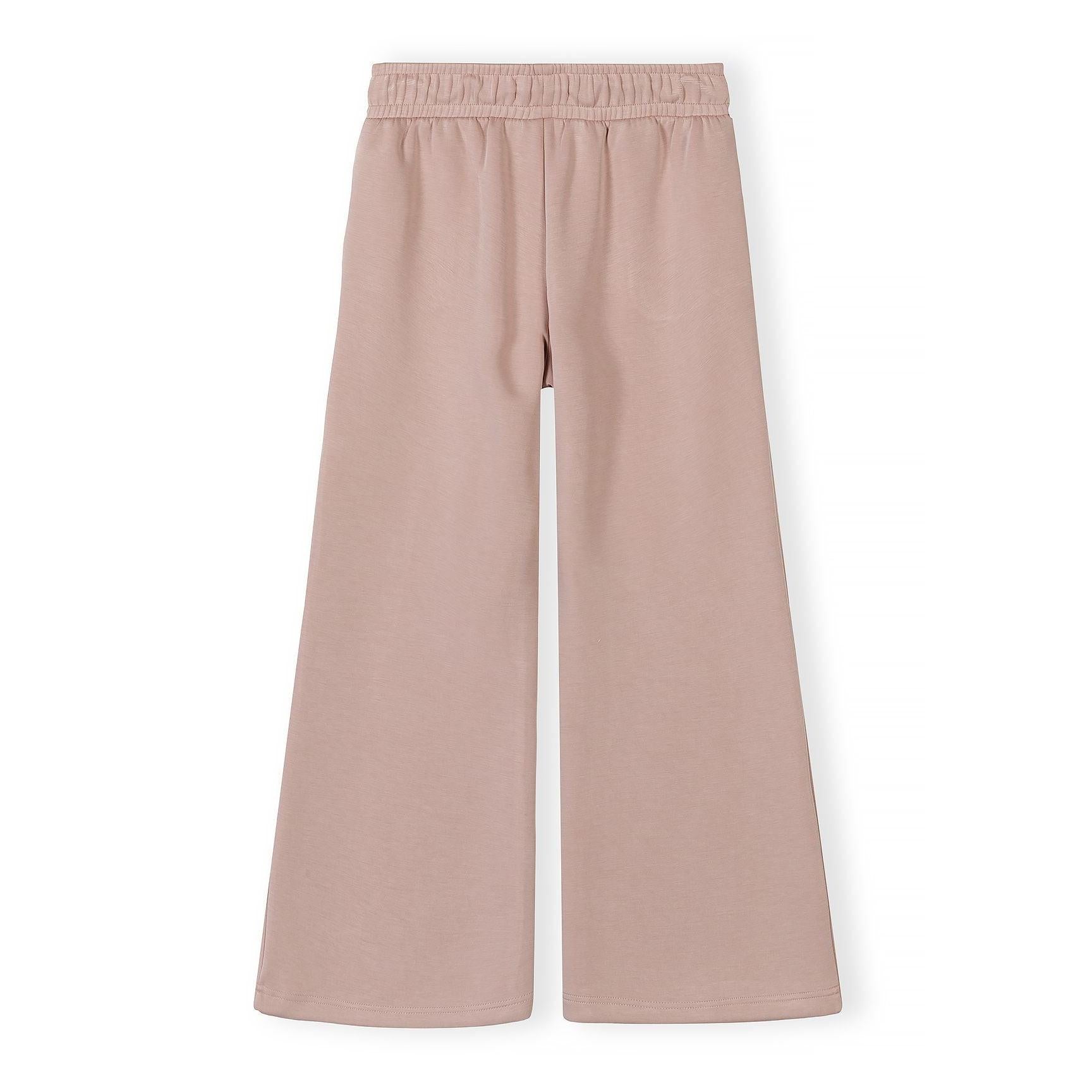 Back view of pink wide leg joggers on white background displaying the flowing wide silhouette and clean finish