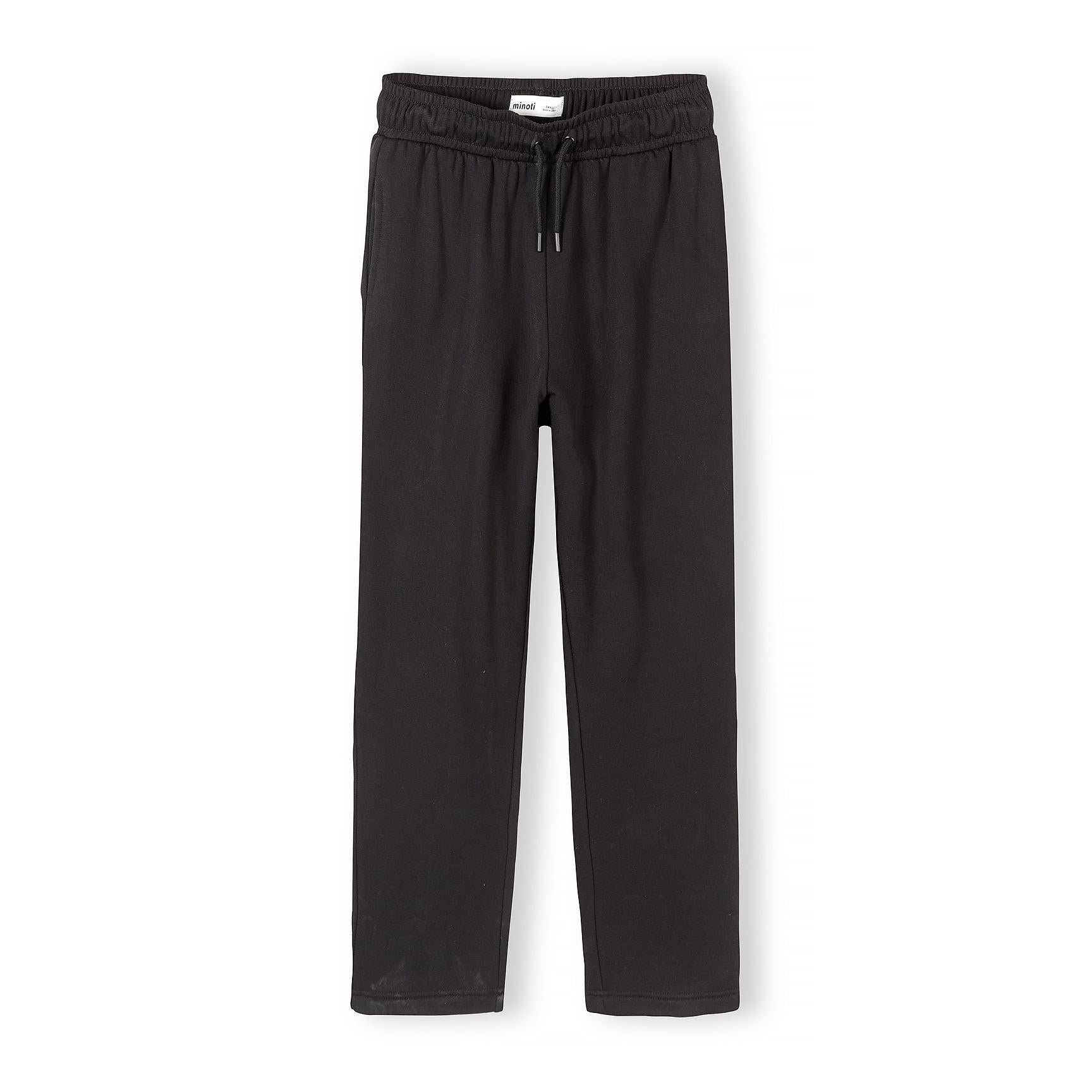 Black wide leg joggers with drawstring waistband and Minoti label, full length view on white background