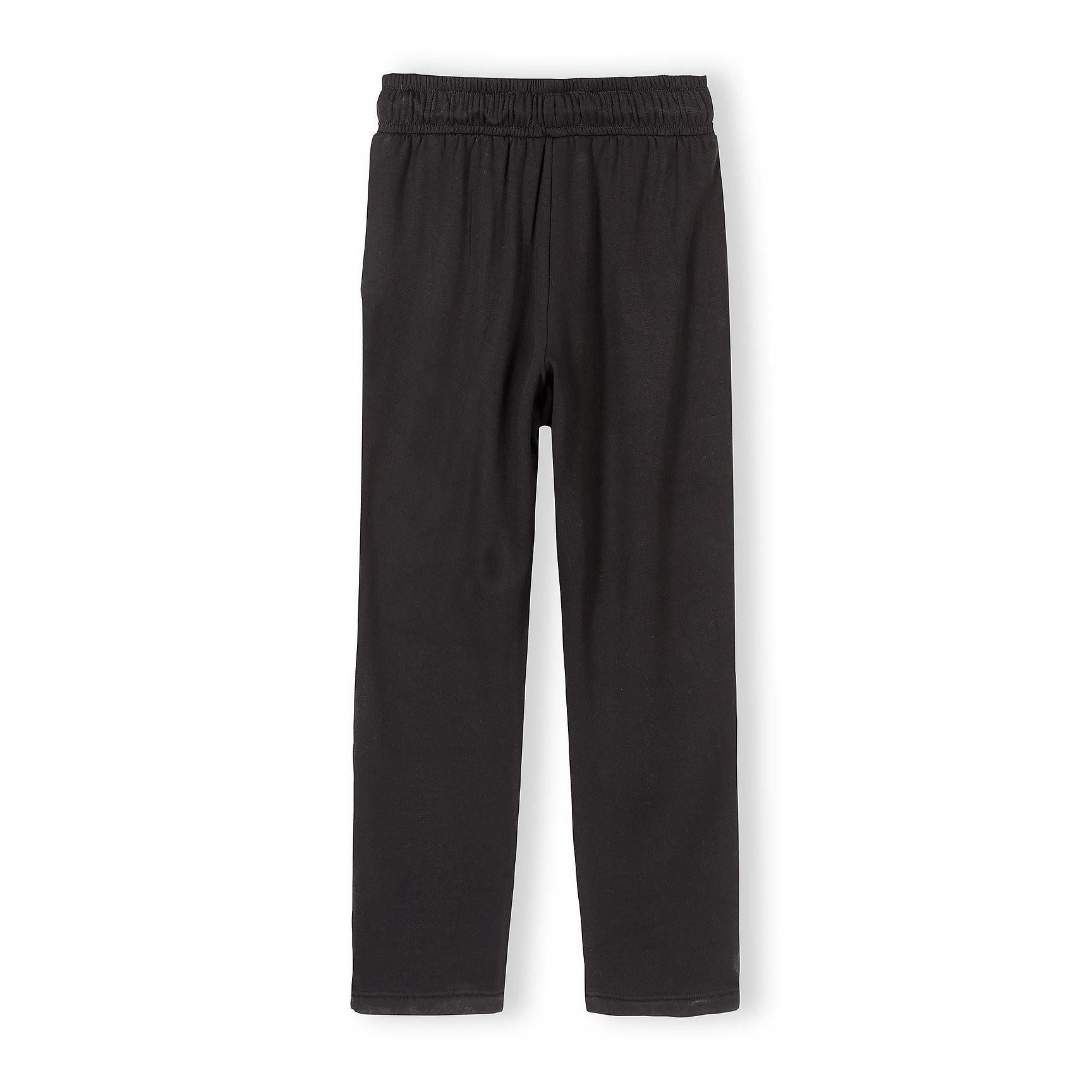 Black wide leg joggers laid flat showing full silhouette and side seams on white background