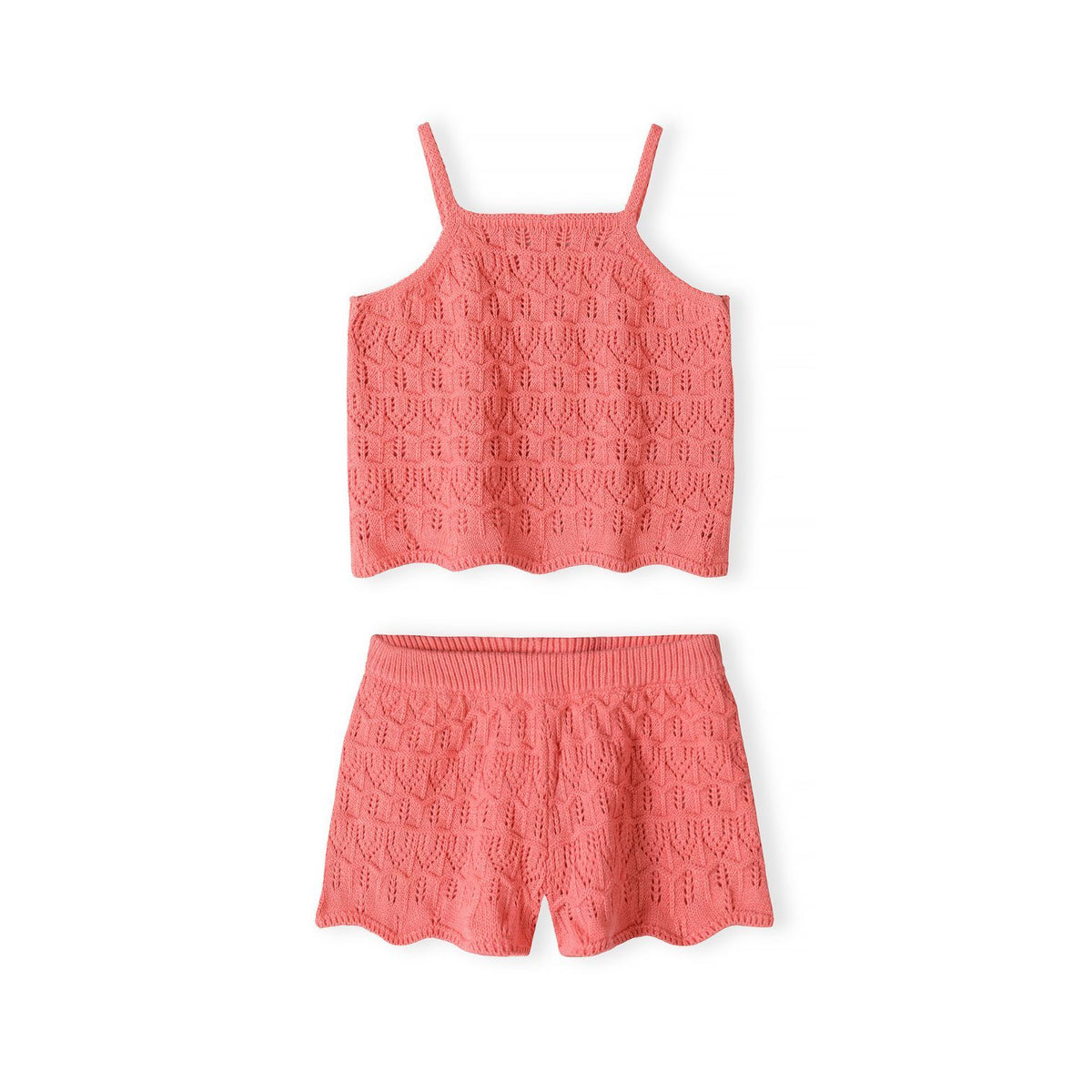 Girls' knitted cami and shorts set in coral pink — complete product view for square Shop card