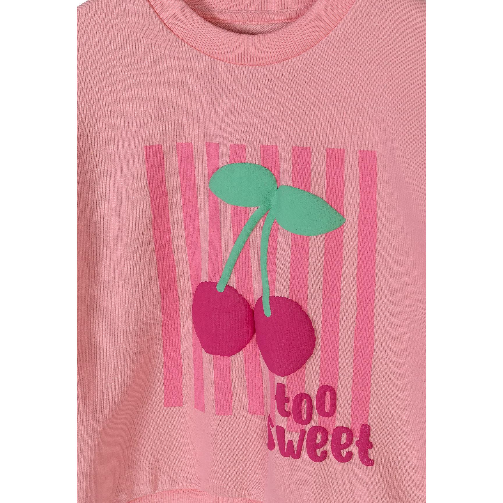 Close-up detail of pink sweatshirt showing cherry graphic with striped background and 'too sweet' text