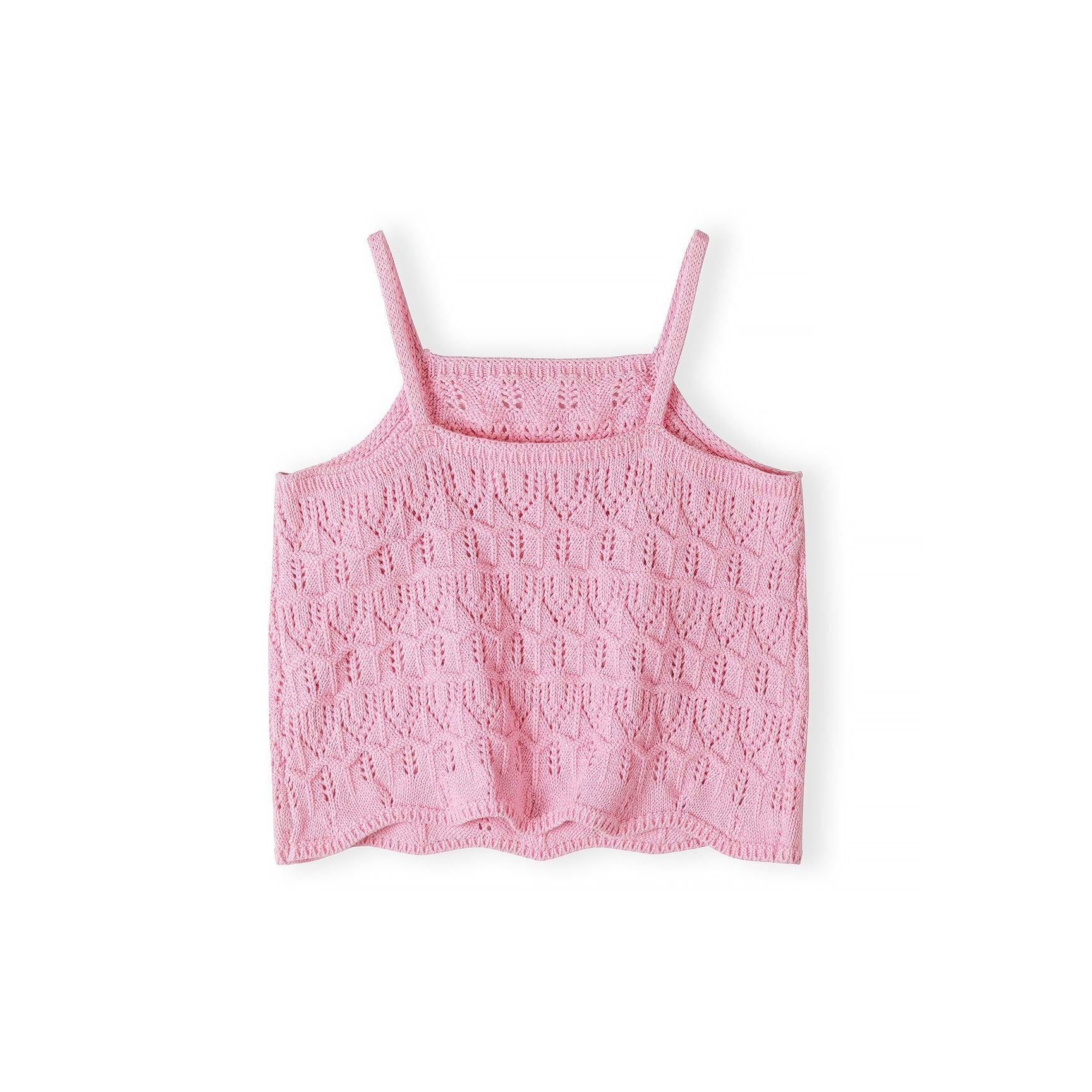 Pink crochet sleeveless top laid flat showing detailed openwork pattern and adjustable shoulder straps against white background