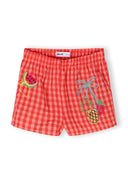 Orange gingham shorts for girls with colorful tropical fruit and palm tree embroidery design